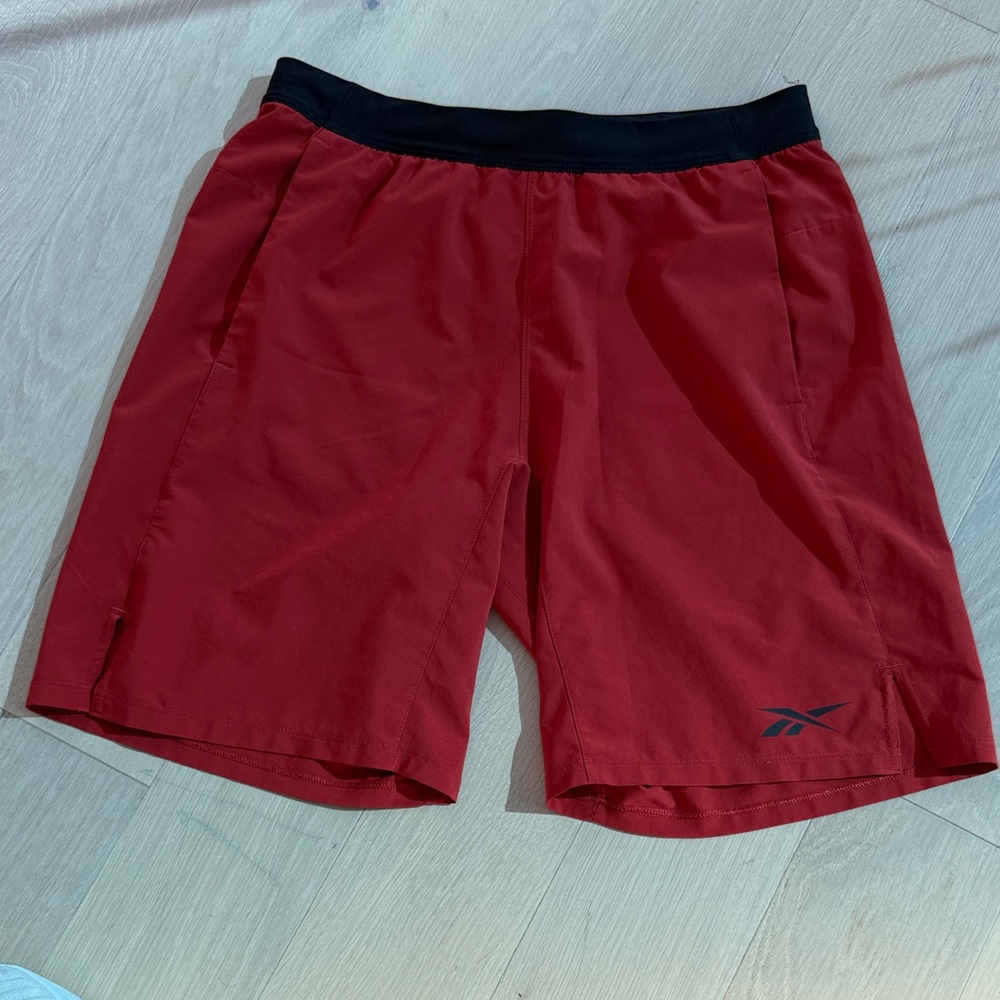 Reebok Men’s Red Athletic Speedwick Shorts with Black Waistband